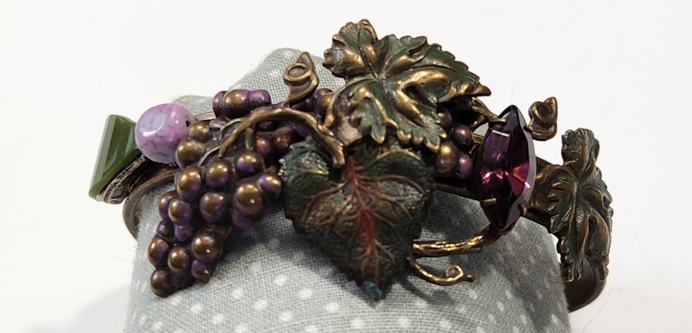 Vtg Byrd Designs Brass Grapevine Cuff Bracelet Enamel Amethyst Crystal Signed